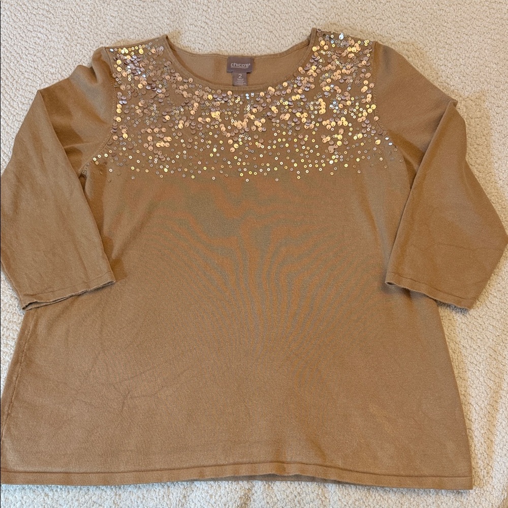 Chico’s Tan/Caramel 3/4 Sleeve Knit Top with Shimmering Sequins - size 12
